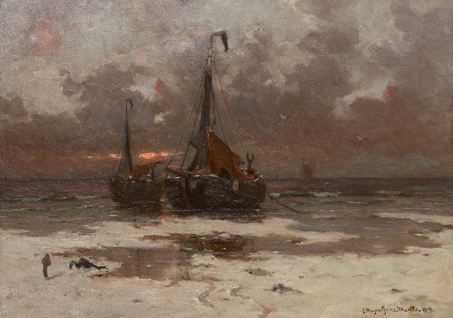 Morgenstjerne Munthe | Vissersboten voor anker bij ondergaande zon, olieverf op doek, 59,0 x 86,7 cm, gesigneerd r.o. en gedateerd 1909