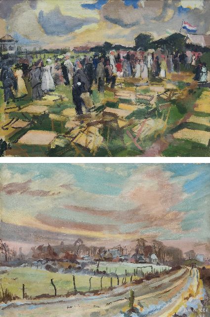 Jan van der Zee | Landschap met dorpje in de sneeuw; verso: De drafbaan, Groningen, olieverf op doek, 60,5 x 80,8 cm, gesigneerd r.o. en gedateerd '40