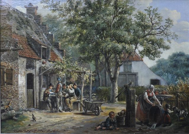 Lambertus Johannes Hansen | Boerendorp met drinkers bij een herberg, olieverf op doek, 41,1 x 56,1 cm, gesigneerd l.o.