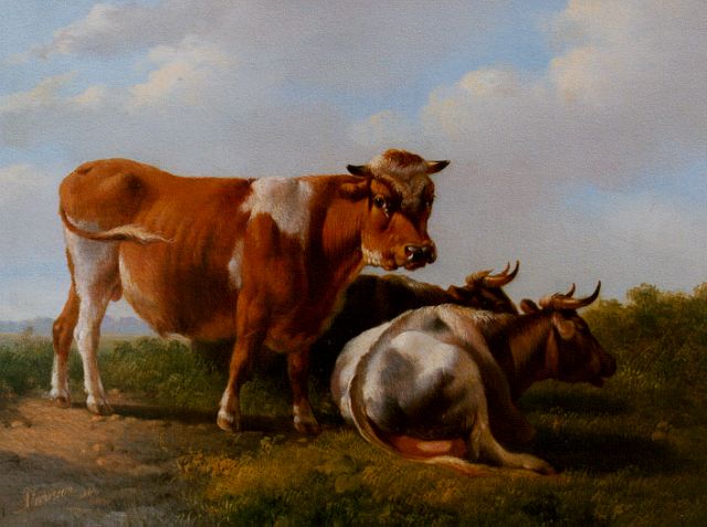 Albertus Verhoesen | Een stier en twee koeien in de weide, olieverf op paneel, 17,0 x 22,4 cm, gesigneerd l.o. en gedateerd 1846