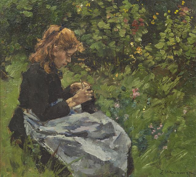 Johannes Evert Akkeringa | Breiend meisje in de tuin, olieverf op paneel, 23,6 x 25,7 cm, gesigneerd r.o.