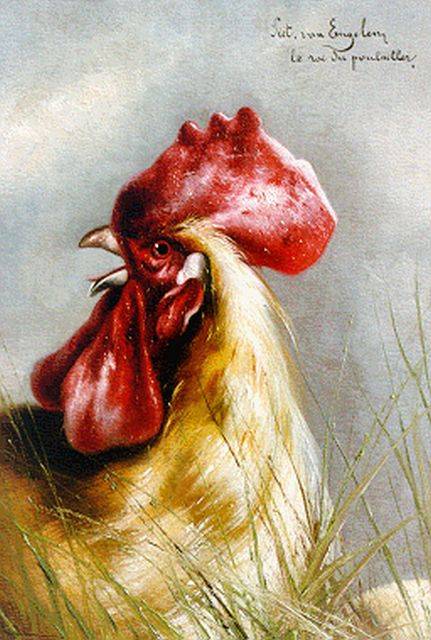 Piet van Engelen | Le roi du poulailler, olieverf op paneel, 35,0 x 25,3 cm, gesigneerd r.b.