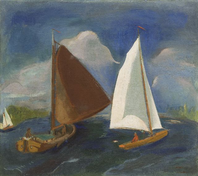 Jan Wiegers | Zeilboten op het Paterswoldsemeer, wasverf op doek, 45,5 x 50,4 cm, gesigneerd r.o. (tweemaal) en te dateren ca. 1931