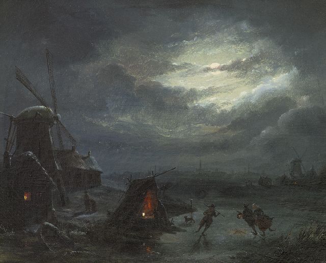 Jan Baptist Tetar van Elven | IJsgezicht bij maanlicht, olieverf op doek, 27,3 x 33,6 cm, gesigneerd verso