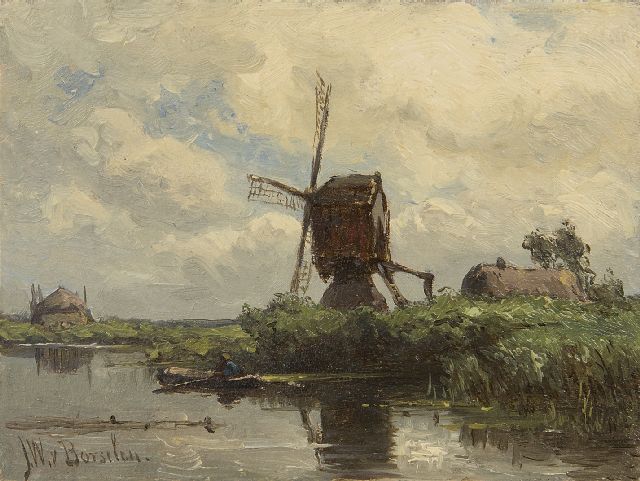 Jan Willem van Borselen | Wipmolen aan het water, olieverf op paneel, 9,0 x 11,9 cm, gesigneerd l.o.