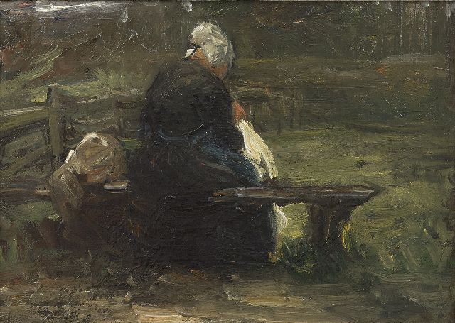 Bernard Blommers | Vissersvrouw op een bankje, olieverf op doek, 25,0 x 35,1 cm
