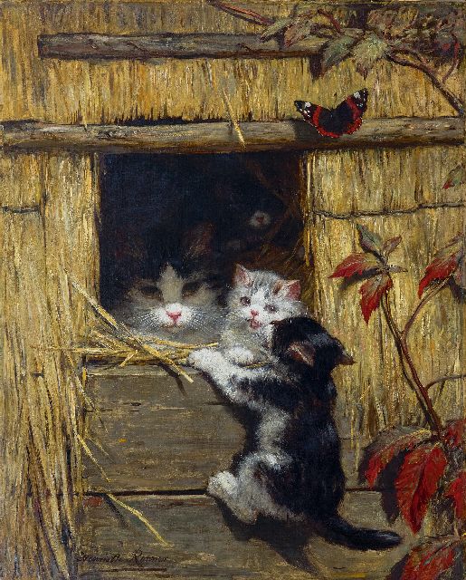 Henriette Ronner | Moederkat met spelende kittens, olieverf op doek, 60,5 x 48,5 cm, gesigneerd l.o.