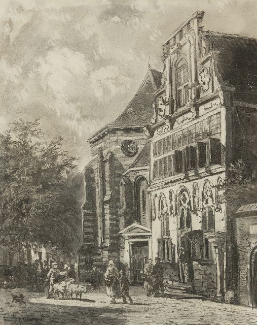 Cornelis Springer | Zomers gezicht op de Petruskerk en het Stedehuys te Woerden, houtskool op papier, 48,5 x 39,5 cm, gesigneerd l.o. en te dateren ca. 1858