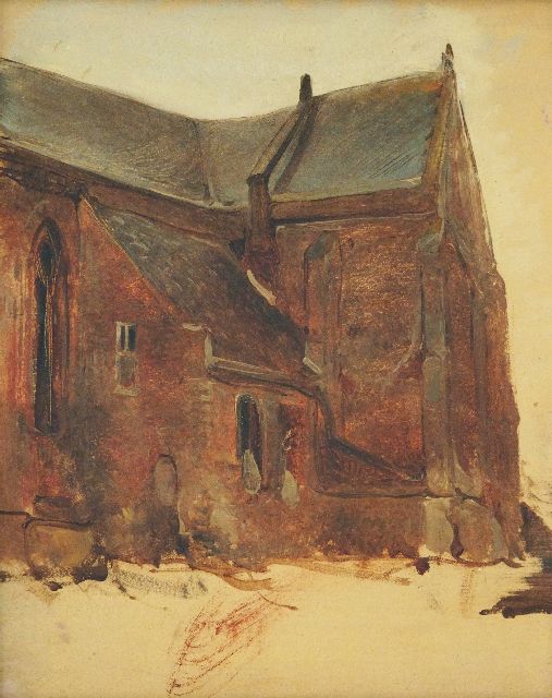 Johannes Bosboom | Exterieurschets van een kerk, olieverf op paneel, 30,7 x 25,2 cm