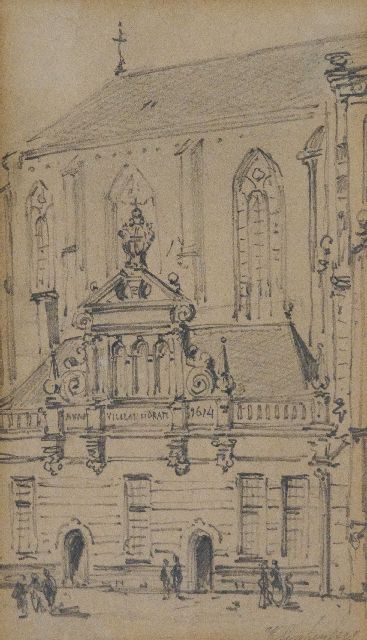 Klinkenberg J.C.K.  | De Sint-Michaëlskerk met de Hoofdwacht in Zwolle, tekening op papier 9,0 x 15,0 cm, gesigneerd r.o.