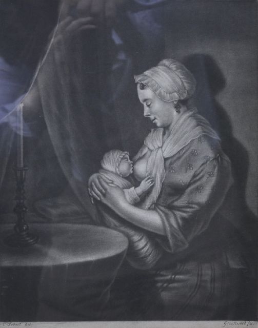 Onbekend (C.L.A. V/D M)  | Zogende moeder (naar Cornelis Troost), gravure op papier 28,5 x 22,8 cm