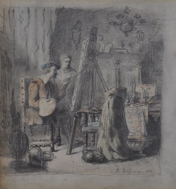 Lingeman L.  | Schilder in zijn atelier (mogelijk Rembrandt), potlood en krijt op papier 22,4 x 20,8 cm, gesigneerd r.o. en gedateerd 1852
