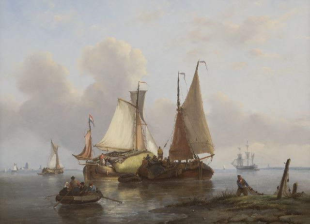 George Willem Opdenhoff | Zeilende vrachtschepen bij kalm weer, olieverf op paneel, 38,8 x 53,1 cm, gesigneerd l.o.