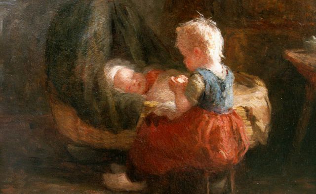 Pieters E.  | Meisje bij  baby in de schommelwieg, olieverf op paneel 26,2 x 36,0 cm, gesigneerd l.o.