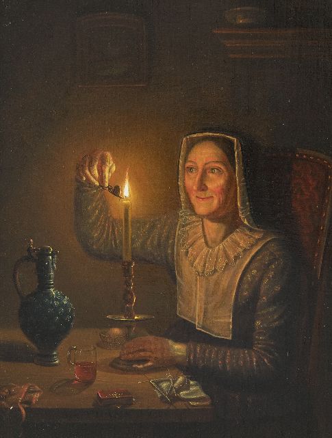 Willem Thans | Vrouw met kaars, olieverf op paneel, 29,7 x 22,4 cm, gesigneerd m.o. op de tafelrand en gedateerd 1850