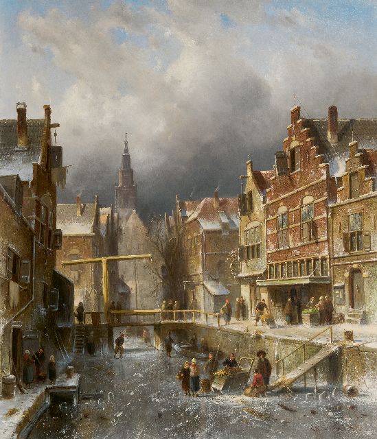 Charles Leickert | Drukbevolkte stadsgracht bij winter, olieverf op doek, 70,1 x 60,0 cm, gesigneerd r.o. en gedateerd '85