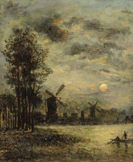 Johan Barthold Jongkind | Molens langs de rivier bij maanlicht, olieverf op doek, 46,3 x 38,8 cm, gesigneerd l.o. en gedateerd 187(0)