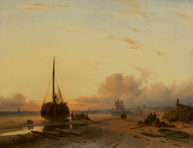Charles Leickert | Bomschuiten op het strand bij ondergaande zon, olieverf op doek, 58,0 x 75,0 cm, gesigneerd r.o. en gedateerd 'London' 1845