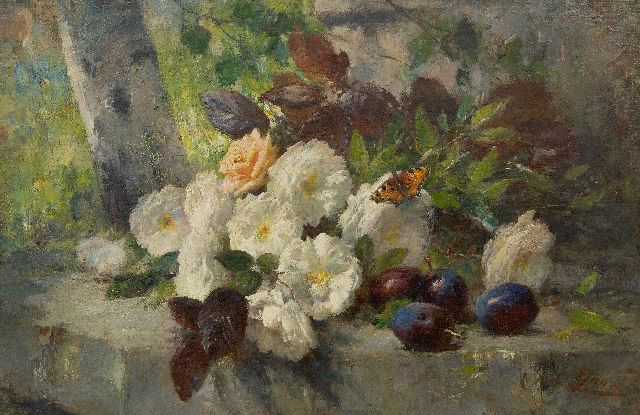 Joors E.  | Stilleven met rozen, fruit en een vlinder, olieverf op doek 48,5 x 73,8 cm, gesigneerd r.o.