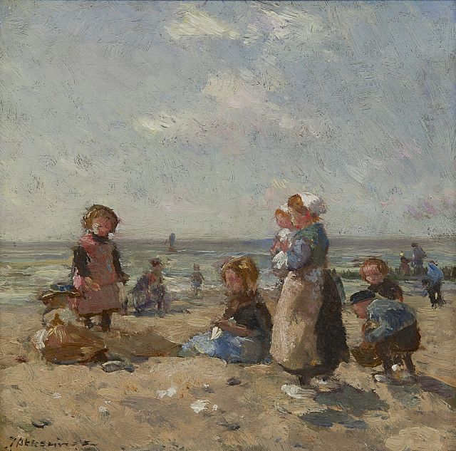 Johannes Evert Akkeringa | Spelende kinderen op het strand van Scheveningen, olieverf op paneel, 16,3 x 16,8 cm, gesigneerd l.o.