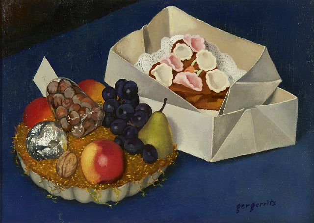 Gerrits G.J.  | Stilleven met fruitmand en taart, olieverf op doek 36,2 x 50,2 cm, gesigneerd r.o. en te dateren mei 1944