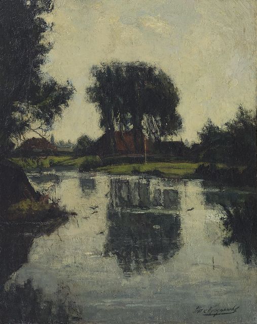Piet van Wijngaerdt | Boerderij met bomen aan het water, olieverf op doek, 35,0 x 28,0 cm, gesigneerd r.o. en te dateren ca. 1908-1909