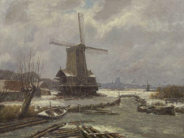 Gerard Koekkoek | Sneeuwlandschap met houtzaagmolen, olieverf op doek, 60,3 x 80,0 cm, gesigneerd l.o.
