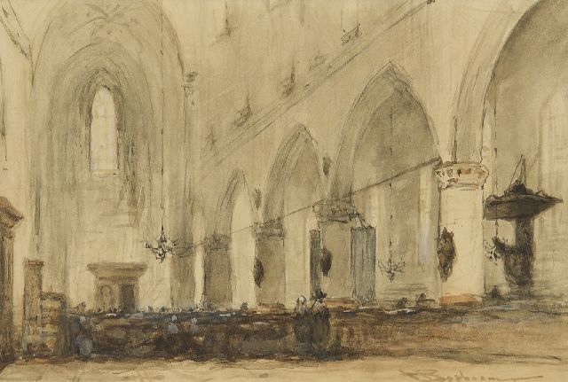 Johannes Bosboom | Kerkinterieur, aquarel op papier, 13,0 x 19,2 cm, gesigneerd r.o.