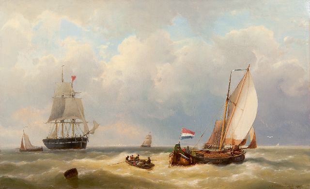 Jan H.B. Koekkoek | Fregat en hektjalk op volle zee, olieverf op doek, 54,3 x 87,3 cm, gesigneerd r.o. en gedateerd 1866