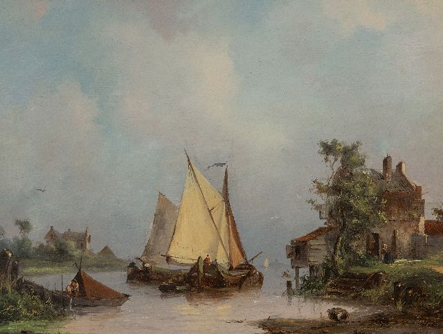 Adrianus David Hilleveld | Zeilschepen op een rivier, olieverf op paneel, 24,8 x 32,3 cm