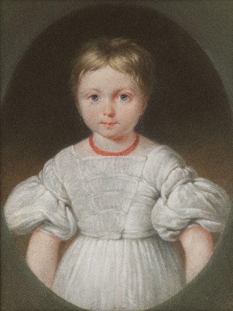 Daiwaille J.A.  | Portret van een meisje met witte jurk, vermoedelijk Henriette Louise Engelman (alleen tezamen, gezin van 4), pastel op papier 31,5 x 24,3 cm