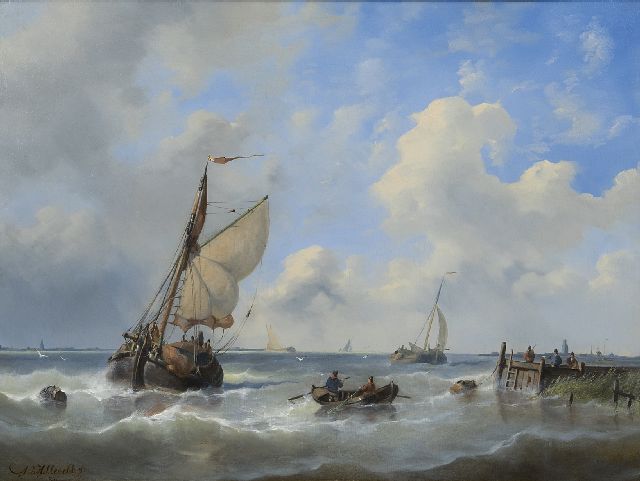 Adrianus David Hilleveld | Zeilschepen bij een havenhoofd, olieverf op paneel, 43,1 x 56,5 cm, gesigneerd l.o. en gedateerd '54