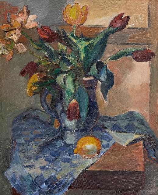 Matthieu Wiegman | Stilleven met tulpen en een citroen, olieverf op doek, 61,4 x 50,1 cm, gesigneerd m.o.