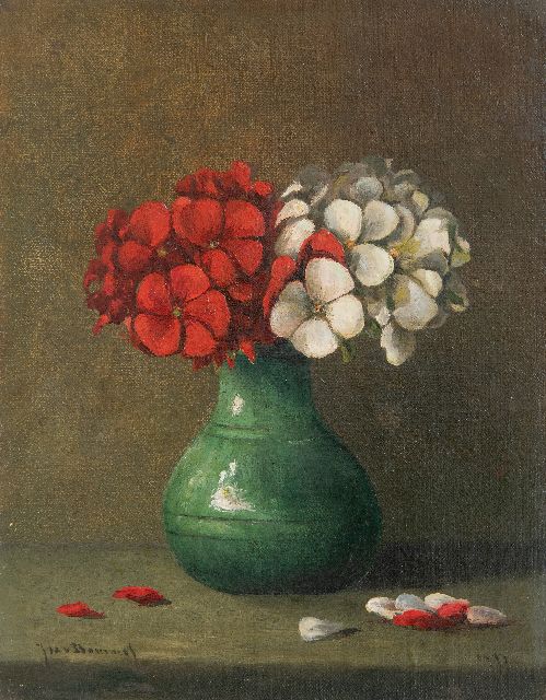 Jacobus Marinus van Bommel | Rode en witte geranium in groen vaasje, olieverf op doek op paneel, 23,0 x 18,1 cm, gesigneerd l.o. en gedateerd 1917