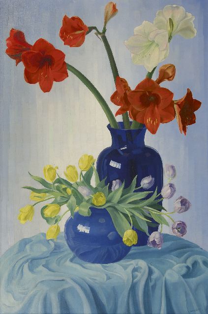 Dirk Smorenberg | Amaryllissen en tulpen, olieverf op doek, 121,4 x 81,2 cm, gesigneerd r.o.