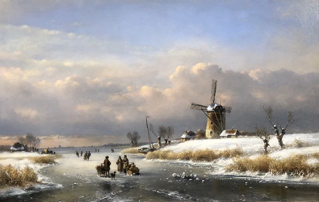 Lodewijk Johannes Kleijn | Winterlandschap met molen en schaatsers (alleen tezamen met zomer), olieverf op paneel, 33,6 x 52,0 cm, gesigneerd r.o.