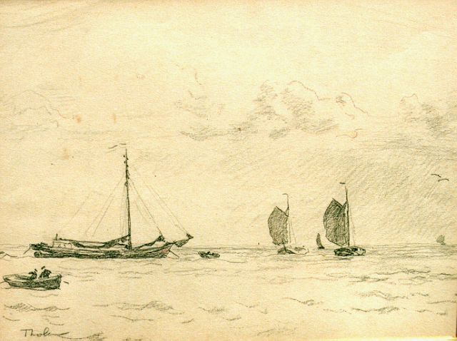 Willem Bastiaan Tholen | Zeilschepen en roeiboot op de Zuiderzee, potlood op papier, 22,5 x 30,0 cm, gesigneerd l.o. 