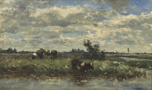 Willem Roelofs | Koeien aan een plas, Loosdrecht, olieverf op doek, 27,0 x 44,4 cm, gesigneerd r.o.