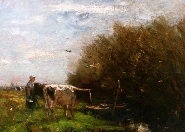 Willem Maris | Melkvee in de wei, olieverf op doek, 51,5 x 58,5 cm, gesigneerd l.o.
