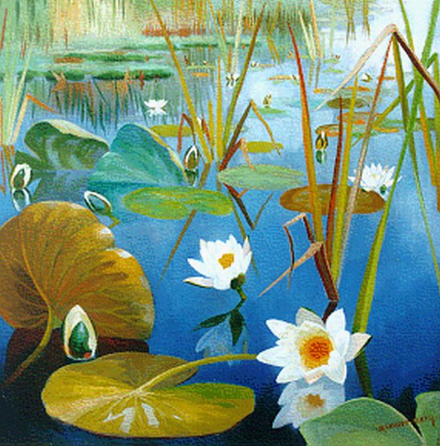 Dirk Smorenberg | Waterlelies, olieverf op doek, 45,4 x 45,5 cm, gesigneerd r.o.