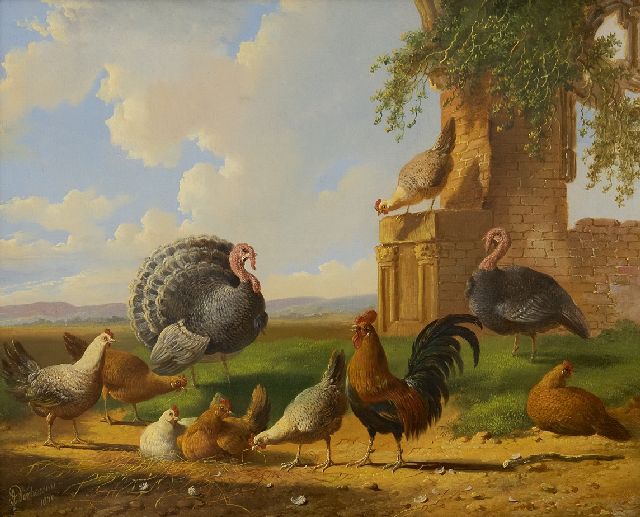 Verhoesen A.  | Kalkoenen en pluimvee in een landschap, olieverf op paneel 30,5 x 37,6 cm, gesigneerd l.o. en gedateerd 1870