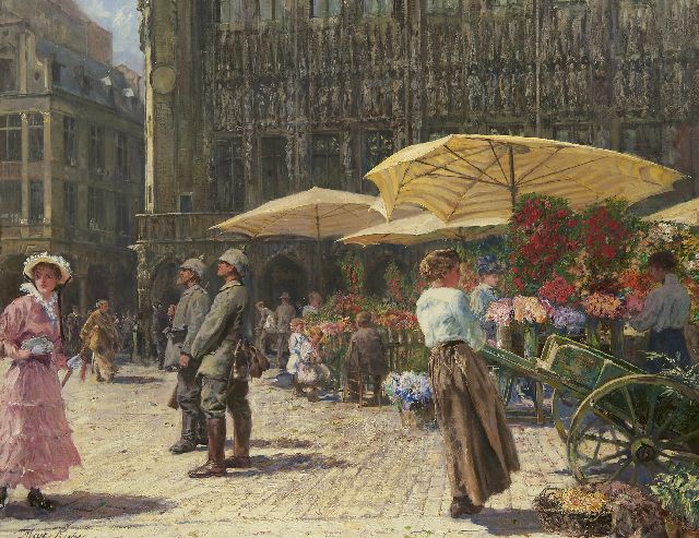 Max Rabes | Bloemenmarkt in Brussel, olieverf op doek, 80,2 x 100,2 cm, gesigneerd l.o.