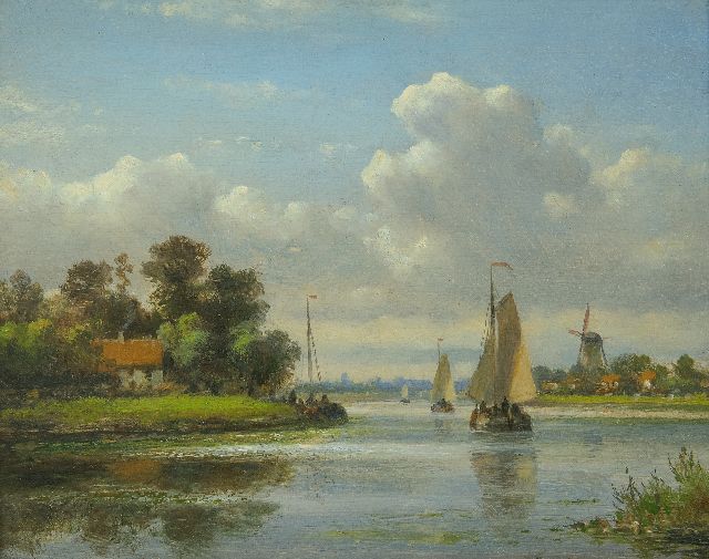 Lodewijk Johannes Kleijn | Zomers riviergezicht met zeilschepen, olieverf op paneel, 16,9 x 20,9 cm