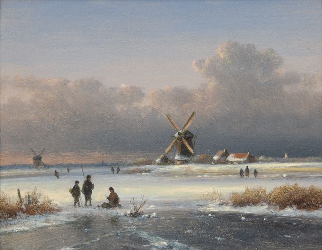 Lodewijk Johannes Kleijn | Winterlandschap met ijsvissers, olieverf op paneel, 15,6 x 19,9 cm