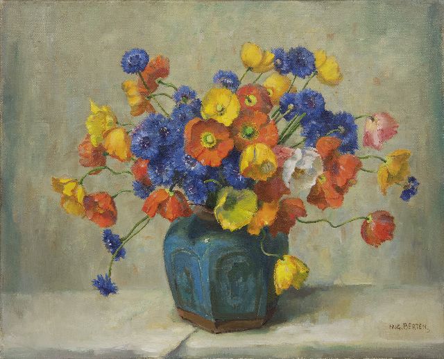 Hugo Berten | Klaprozen en korenbloemen in een gemberpot, olieverf op doek, 40,3 x 50,2 cm, gesigneerd r.o.