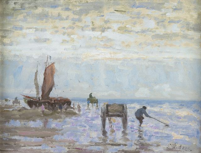 Pieters E.  | Schelpenvissers, Katwijk, olieverf op doek 37,4 x 49,5 cm, gesigneerd r.o. en te dateren tussen 1900-1910.