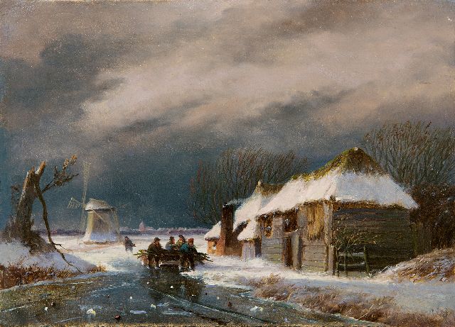 Nicolaas Roosenboom | Figuren op het ijs bij naderende storm, olieverf op paneel, 16,0 x 21,9 cm