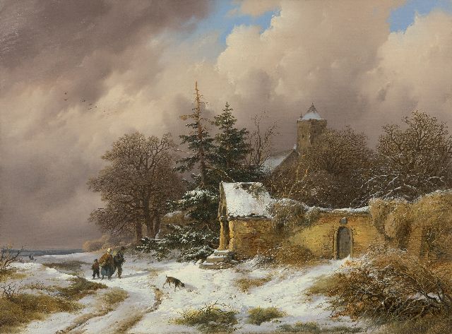 Haanen R.A.  | Winterlandschap met landvolk op een pad, olieverf op doek 36,3 x 49,3 cm, gesigneerd l.o. en gedateerd 1849