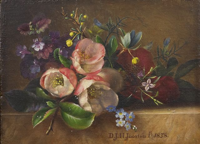 Joosten D.J.H.  | Bloemen op een plint, olieverf op paneel 9,5 x 13,0 cm, gesigneerd m.o. en gedateerd 1858