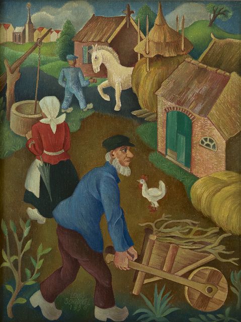 Louis Schrikkel | Bedrijvigheid op de boerderij, olieverf op doek op paneel, 35,5 x 27,1 cm, gesigneerd l.o. en gedateerd 1936